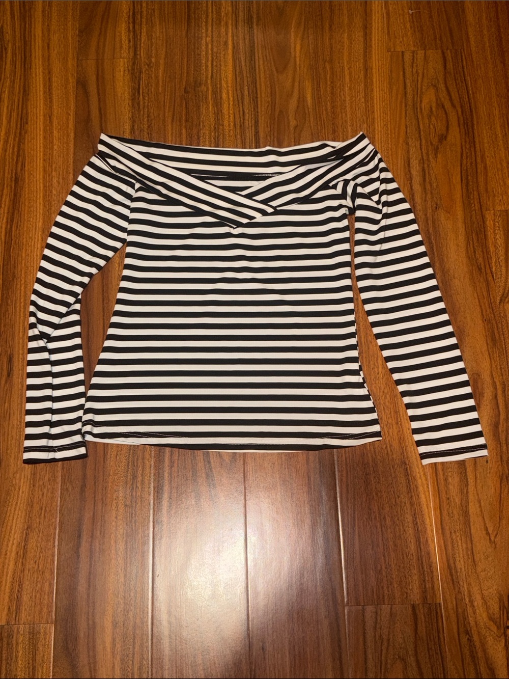 SHEIN Black & White Striped Off-the-Shoulder Long Sleeve Top
